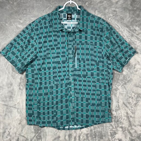 REI Co-Op Mens Large Green Geometric Pattern Short Sleeve Button-Up Shirt - Picture 1 of 9